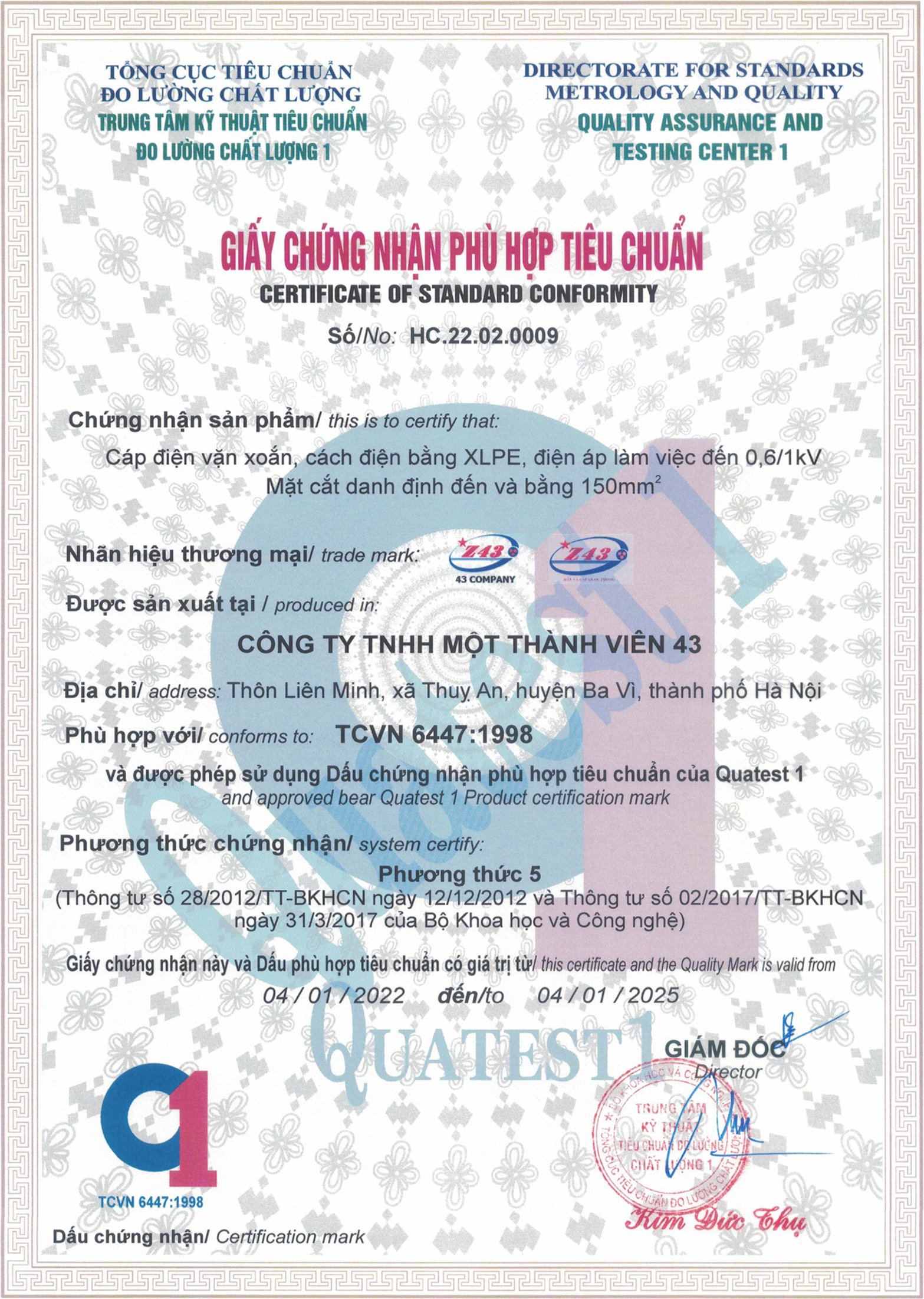 chứng nhận chất lượng dây và cáp Z43