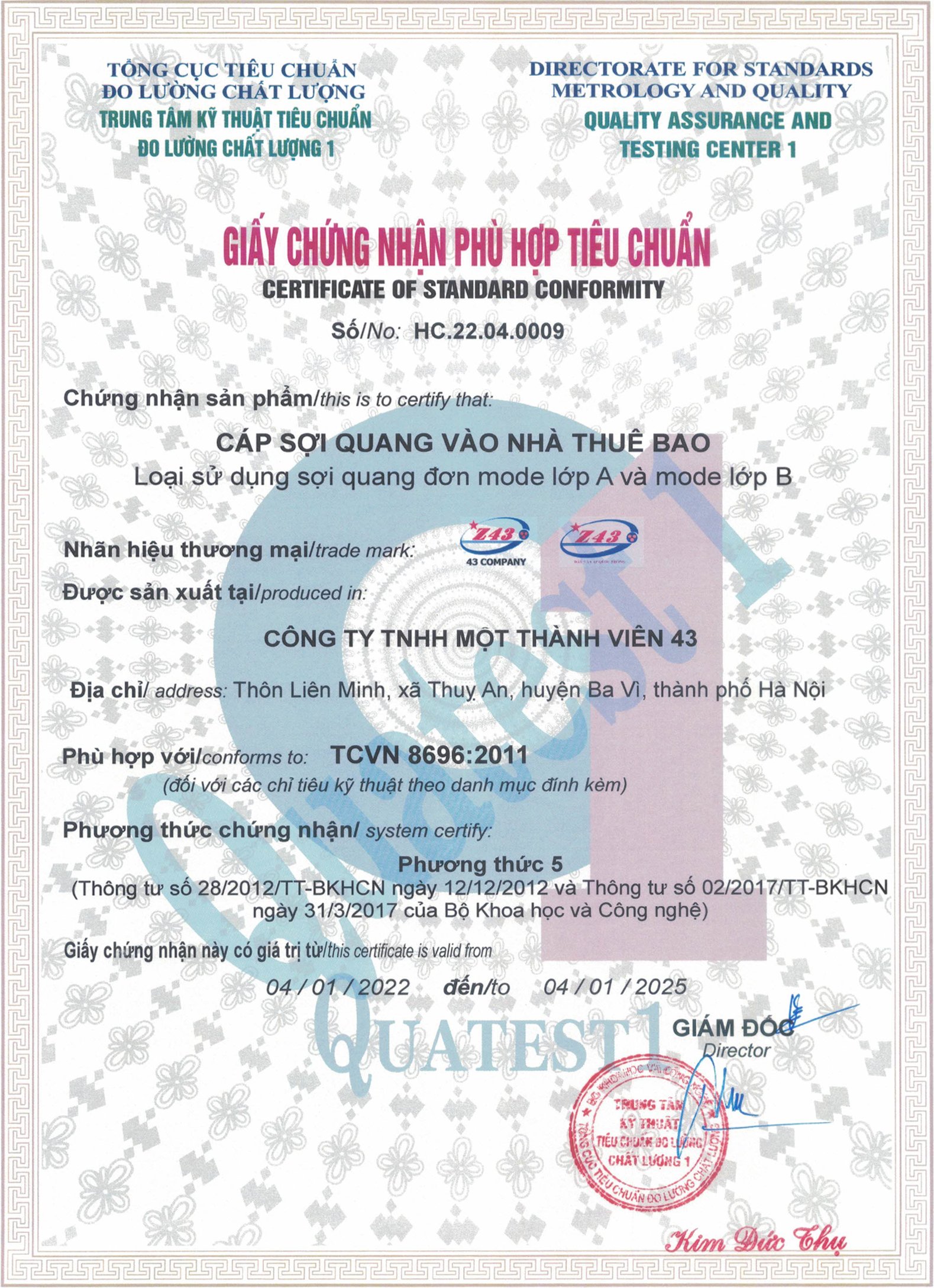 chứng nhận chất lượng dây và cáp Z43